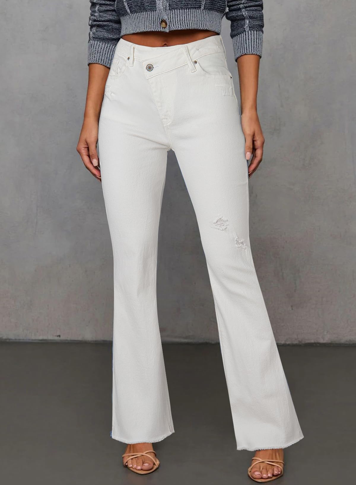 White Mid Rise Distressed Knee Flare Jeans