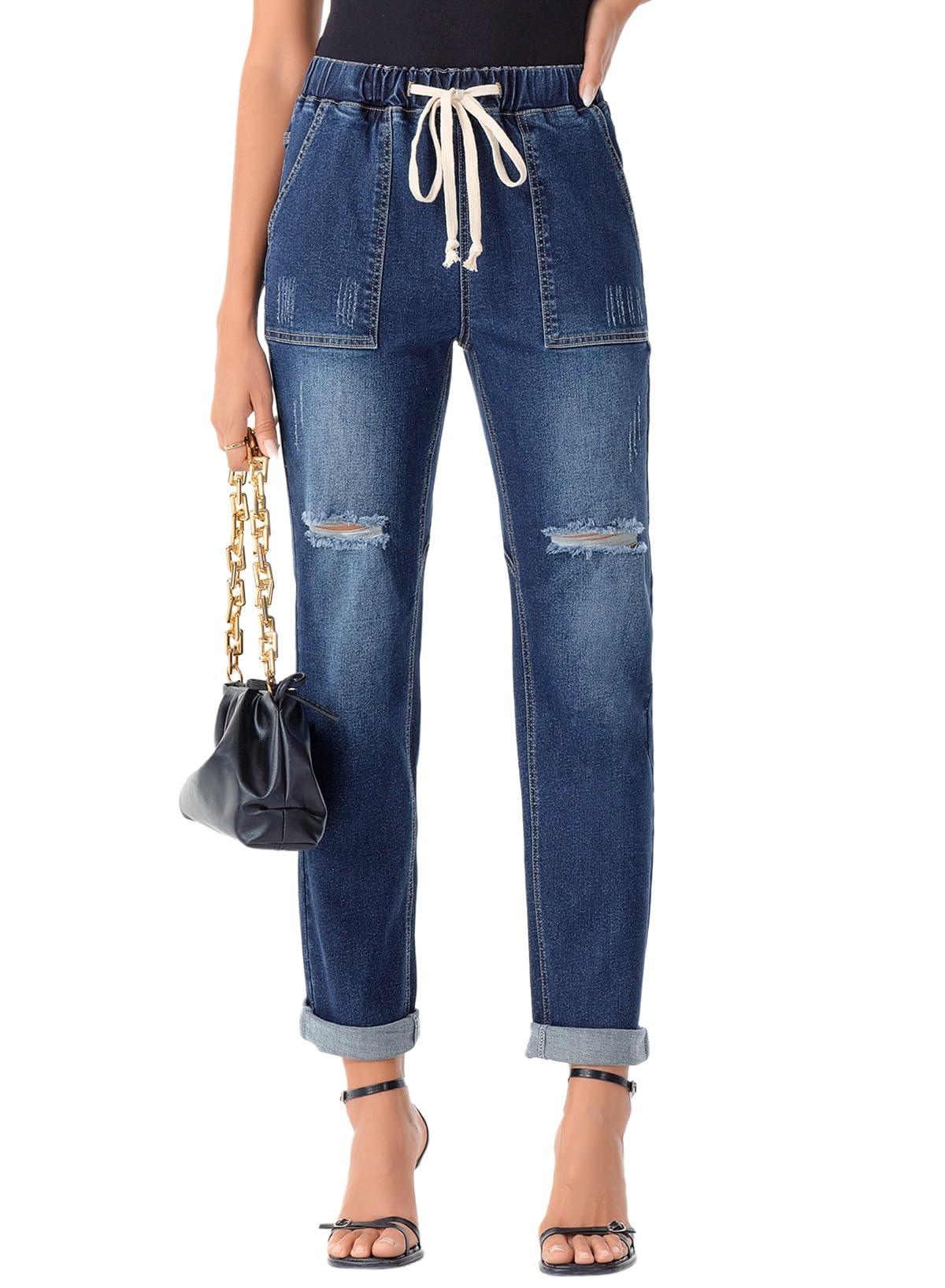 Drawstring Waist Distressed Cuffed Tapered Jeans
