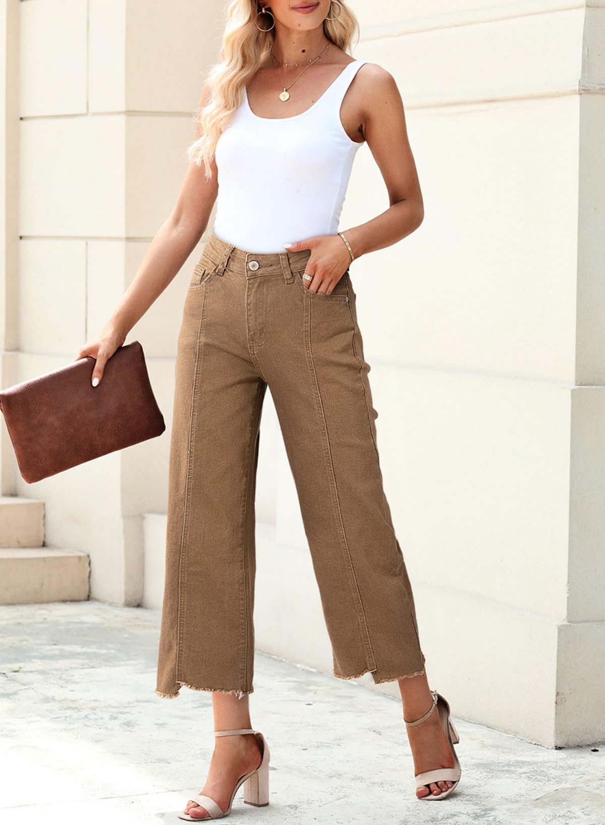 Camel High Waisted Cropped Wide Leg Raw Hem Jeans