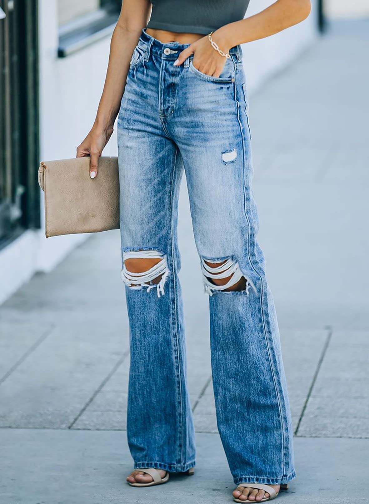 Distressed Knee High Waisted Straight Leg Jeans