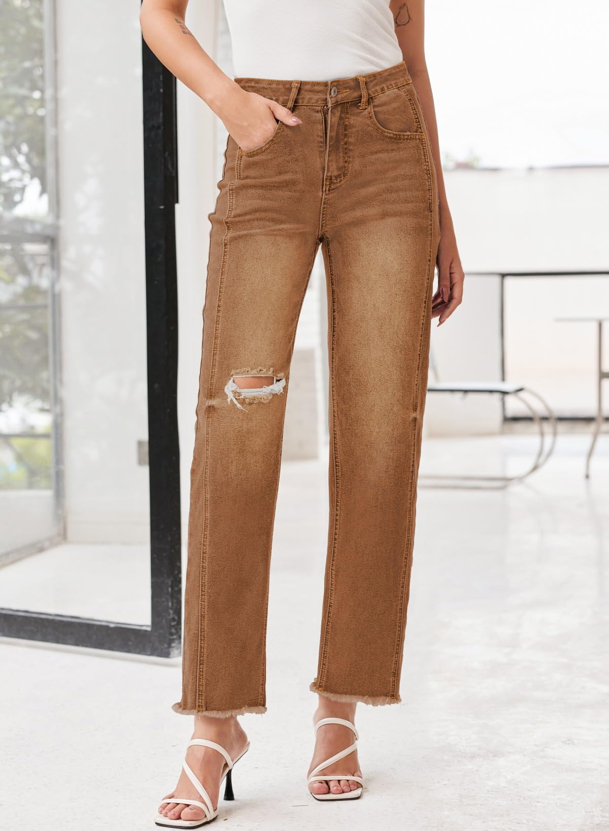 Camel Brown Distressed Knee Straight Leg Jeans