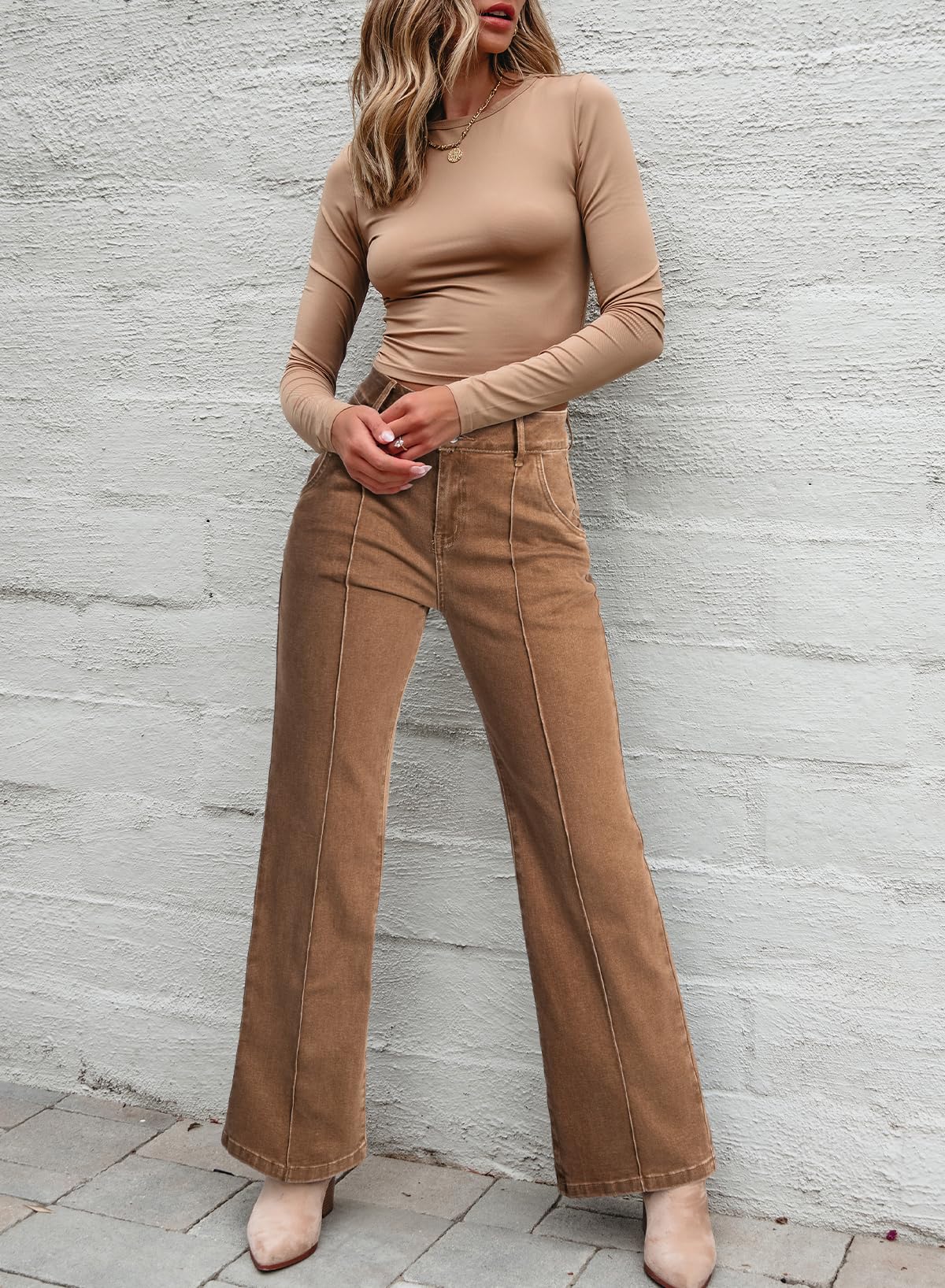 Camel Brown High Waisted Contrast Seam Flare Jeans